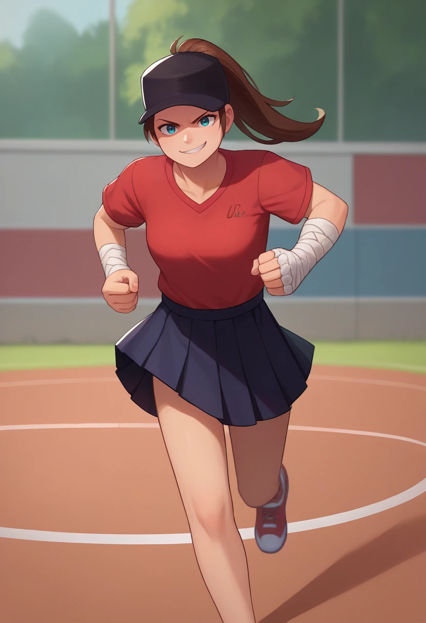 score_9, score_8_up, score_7_up, source_anime, solo, 1girl, femscout, smirk, looking at viewer, running, ponytail, baseball cap, red shirt, skirt, bandaged arm <lora:tf2_femscout_ponyXL:1>