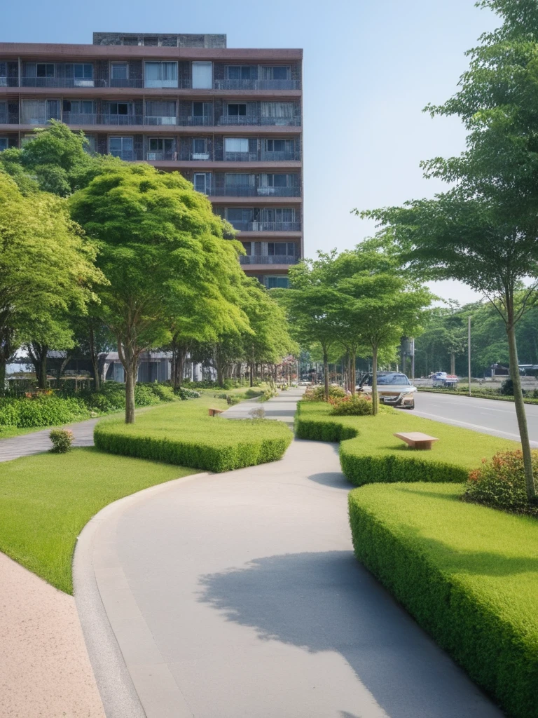 <lora:JJsStreetScape_XL:1> , ((StreetScape)),masterpiece , best quality, Landscape, scenery, outdoors, building, tree, sky, real world location, grass, bush, flower, city,lawn, sidewalk,bench,day, RAW photo, subject, 8k uhd, dslr, soft lighting, high quality,  road,traffic light, concrete,zebra crossing,car, cross road,