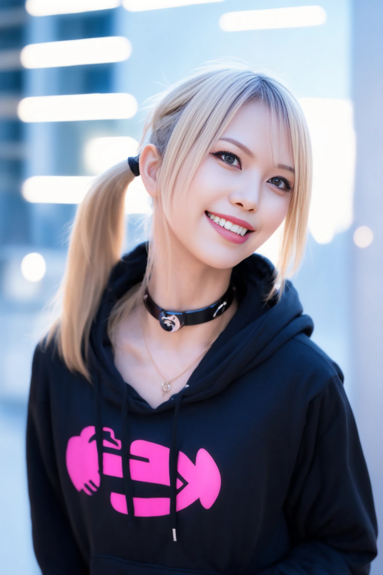 <lora:ponyoouji_v02:0.9>,
(8k, RAW photo, best quality, masterpiece:1.2), (realistic, photo-realistic:1.37), omertosa,1girl, blurry background,city, sunlight,professional lighting, photon mapping, radiosity, physically-based rendering, backlight bokeh, blurry background,smile, ((black choker)), red lips, student ,((lights shinning on the face))
head portrait
,
sunlight, ((outdoors)) ,((light shinning on the hair))
((hoodie)),
((ponytail hair)), ((floating hair)), blonde,wavy hair, glowing hair,
135mm lens,,big breast,smile,grin,open mouth,parted lips