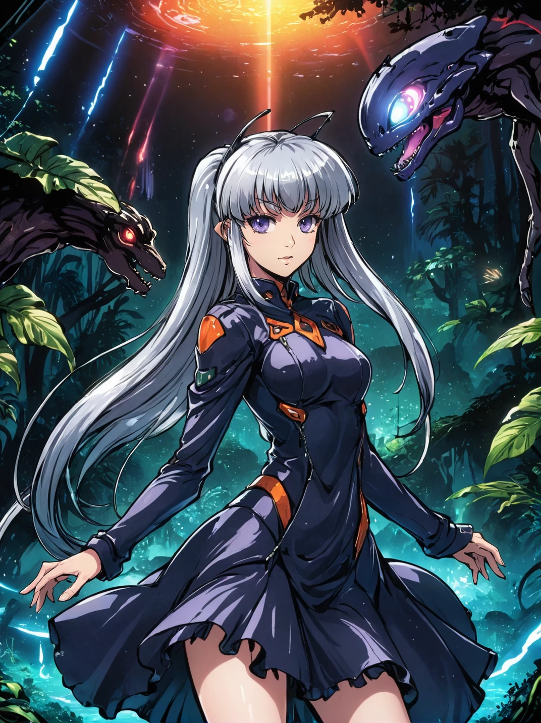 artwork by tokiame,  blunt bangs, high ponytail, silver hair, pointy ears, in the depths of a bioluminescent alien jungle, [evangelion:cyberpunk edgerunners:0.5], reflective transparent iridescent opaque clothing, long sleeves, flowing dress, long skirt, very aesthetic, highres, 4k, 8k, intricate detail, cinematic lighting, amazing quality, amazing shading, detailed Illustration, official artwork, wallpaper, official art, extremely detailed eyes and face, beautiful detailed eyes, from below, full body, thigh gap, , masterpiece, best quality <lora:tokiame_xl_v1:1>