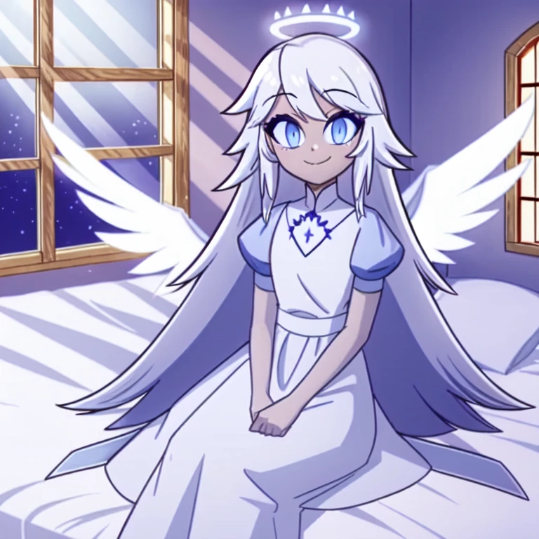 (bedroom:1.1, blue bed,  wooden shelves, wooden window), looking at viewer, a girl, siting on bed, angel, angel wings, blue eyes, colored skin, Emily, grey skin:1.2, halo, light blue sclera, long hair, closed mouth, petite, smile, very long hair, white dress, white hair,  <lora:EmilyHazbinV2:0.8>