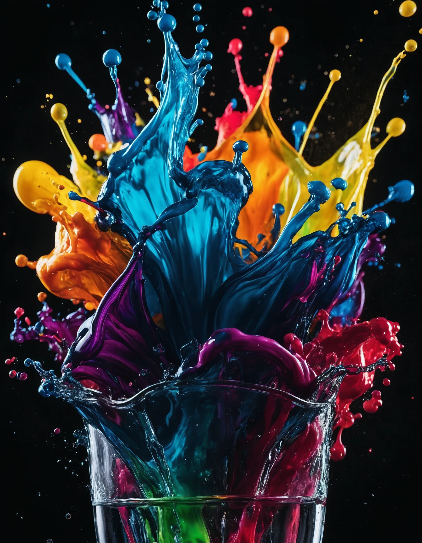 high detailed cinematic photo, breathtaking, splash of colorful liquids, perfect lighting, dark shot