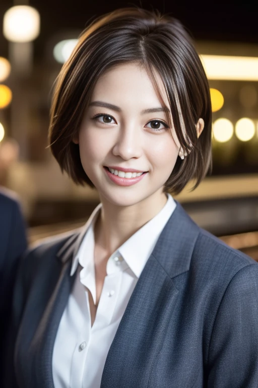 1girl,(RAW photo, best quality), (realistic, photo-realistic:1.4), masterpiece, an extremely delicate and beautiful, extremely detailed, 2k wallpaper, Amazing, finely detail, extremely detailed CG unity 8k wallpaper, ultra-detailed, highres, soft light, beautiful detailed girl, extremely detailed eyes and face, beautiful detailed nose, beautiful detailed eyes,cinematic lighting,perfect anatomy,slender body,smiling
city lights at night,at a train station in tokyo,(bokeh)
wearing business suit,scarf around neck
<lora:miyajimanami_lora:0.7>,short hair