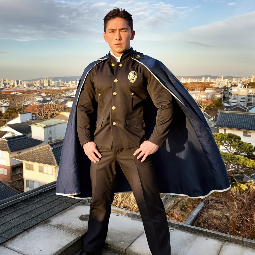 Generate an image in a realistic style, featuring a muscular man dressed in a traditional Japanese high school uniform from the early years, complete with a Gakuran jacket and straight-legged trousers. He stands confidently on a rooftop, overlooking the cityscape below. The man wears black gloves, snug against his strong hands, and a black cape billows behind him, caught by the wind. The juxtaposition of his traditional uniform with his muscular build, gloves, and cape adds a unique, heroic dimension to the scene,<lora:gakuran:0.8> , <lora:kanzon2.0:0.8>