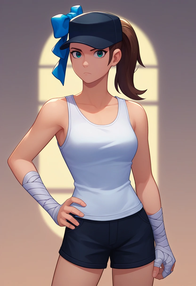 score_9, score_8_up, score_7_up, source_anime, solo, 1girl, femscout, expressionless, looking at viewer, hand on hip, ponytail, baseball cap, hat bow, blue bow, white tank top, black shorts, bandaged arm <lora:tf2_femscout_ponyXL:1>