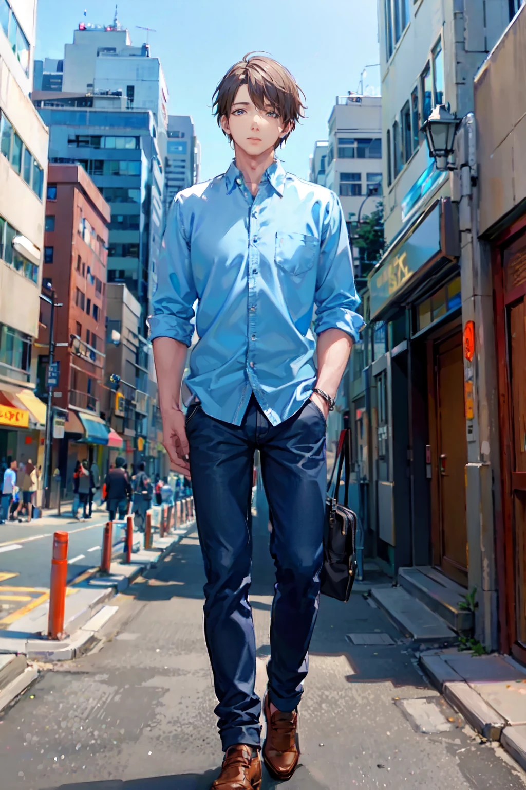 a man wearing Chambray shirt and utility pants , city center    <lora:fic-Jack:1>