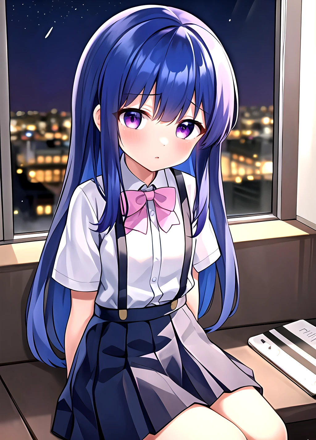 masterpiece, best quality, background night sky, <lora:Rika Furude anylora-000006:0.7>, 1girl, solo, furude rika, blue hair, long hair, looking at viewer, blush, bangs, small breasts, purple eyes, long hair,, skirt, white shirt, shirt, suspenders, bow, short sleeves, pink bow, pleated skirt, suspender skirt, black skirt, collared shirt, bowtie, arms behind back, dress shirt, pink bowtie, is sitting,
