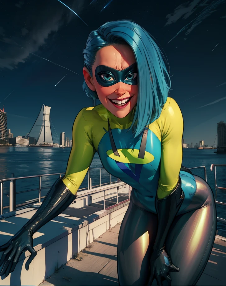 Voyd,blue hair,blue eyes,lips,nervous smile,teeth,
domino mask,bodysuit,gloves,looking at viewer,hips,hips,
outdoors,cruise,leaning forward,
(insanely detailed, masterpiece, best quality),<lora:Voyd-12IYv14:0.8>,night,
