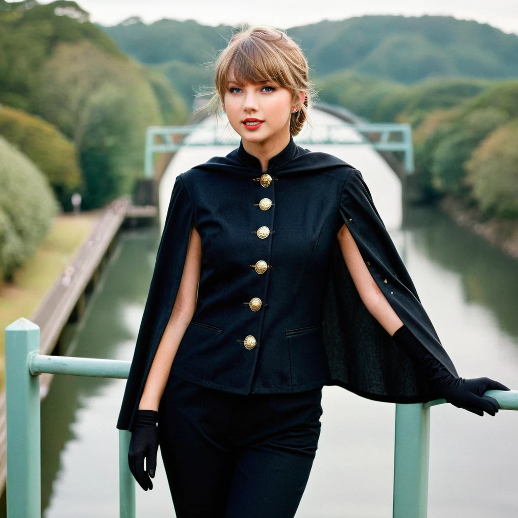 black gloves,Create a portrait in a realistic style, featuring a female student wearing a traditional male  junior high school uniform, standing on a bridge. Her outfit includes the classic Gakuran jacket with its distinct stand-up collar and five metal buttons, paired with straight-legged trousers, all in jet-black. Additionally, she wears black gloves and a cape that billows slightly in the breeze, adding a unique touch to her ensemble. The bridge setting provides a serene backdrop, with the calm waters below and a hint of the early morning mist enveloping the scene, enhancing the timeless quality of her attire,<lora:gakuran:0.8>,  <lora:TaylorSwiftSDXL:0.8> TaylorSwift