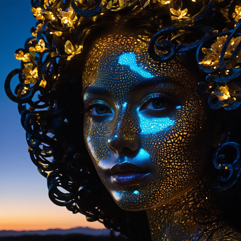 by Deborah Butterfield, Andy Goldsworthy, Xavier Puente Vilardell, close up transparent neon girl silhouetted liquid epoxy holographic garland sculptural face portrait, bioluminescence, light inside body, sunset sky, clouds, double exposure installation, beautiful, gracious, filigree, fairytale, multilayers, close up highly detailed transparent, neon otherworldly lighting, epic, mystical, close up face, big eyes, hyperrealism, shadow play, intricated, dynamic intricated pose, highly detailed unusual beautiful details, intricated, intricated pose, tiny details masterpiece, high quality, intricated lighting, luminism