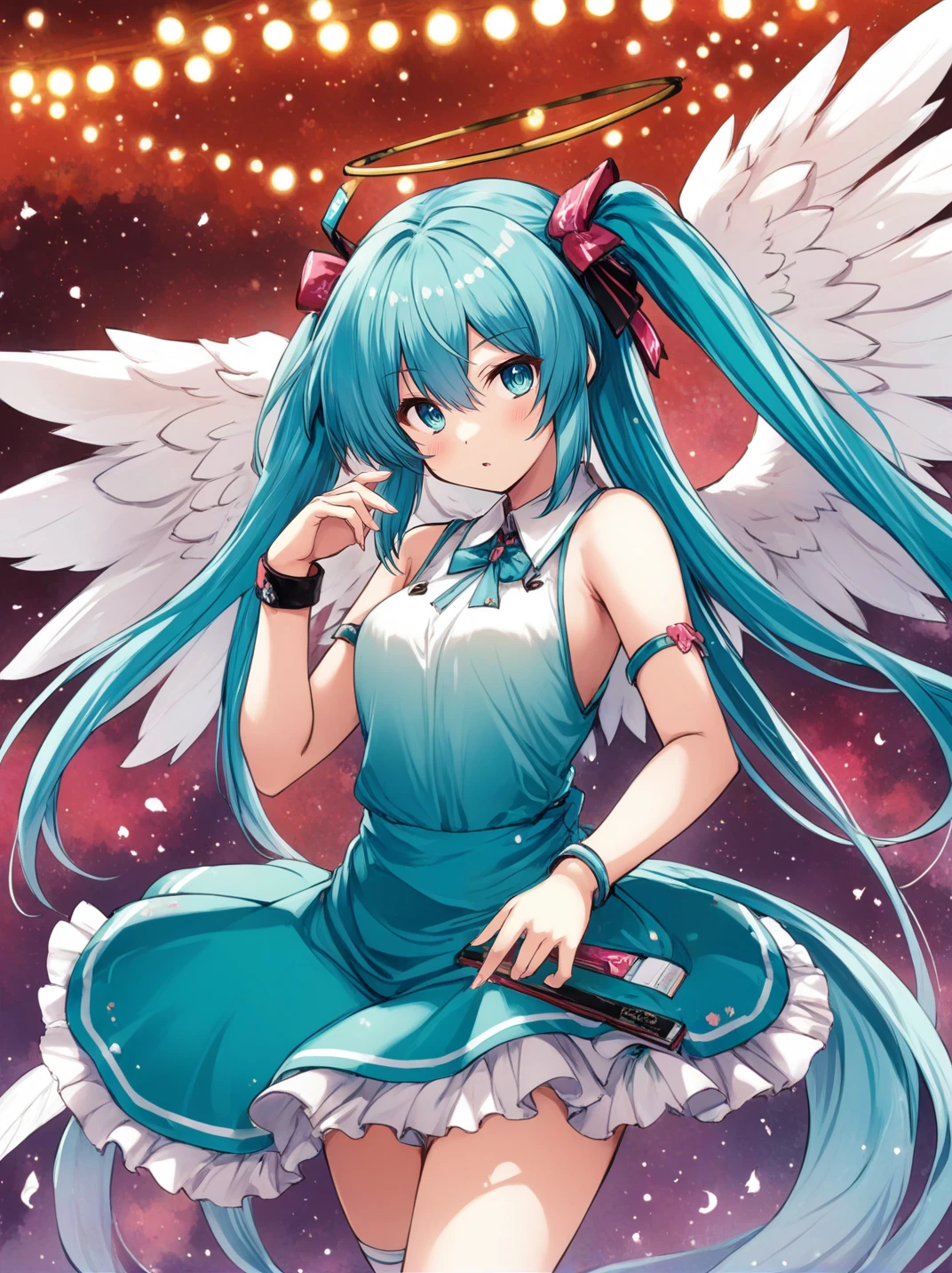 artwork by tokiame, hatsune miku angel, masterpiece, best quality <lora:tokiame_xl_v1:1>