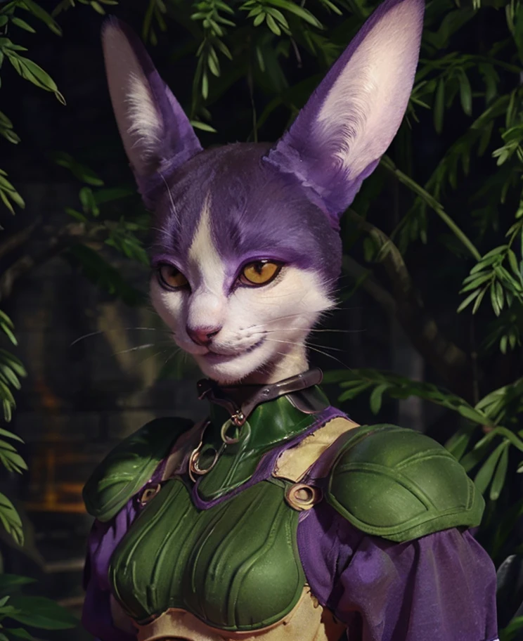 detailed background, miadothack, female, whiskers, armor, smile, looking at viewer, portrait, by anaugi <lora:Miadothack021-200-Polyfur:1>