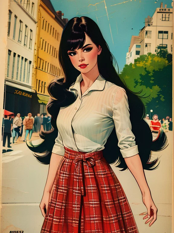 master piece, high quality, a beautiful girl, long black hair, shirt and skirt, in the street, J_comic_book, <lora:J_comic_book:1>