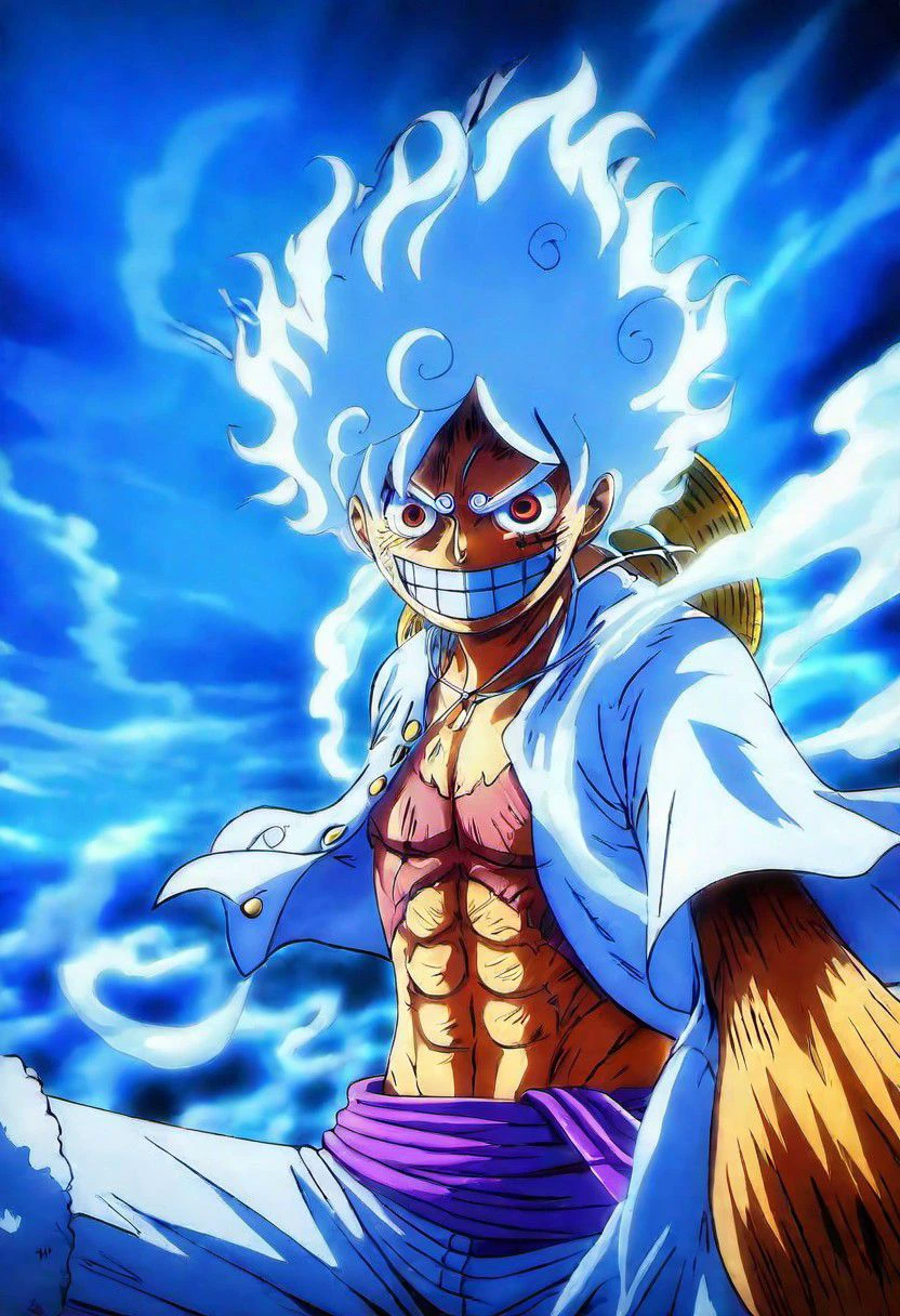 2D a 1Luffy gear 5  in  Wano, (best quality, masterpiece, detailed, highly detailed face) ,(high definition face:1.0),(detailed eyes:1.0) 8k,(Smilex5), (solo), amazing perspective, profesional composition ,