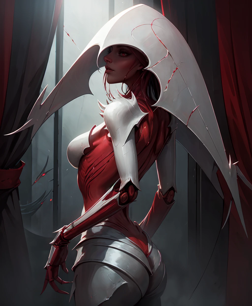 elesh_norn, mature female, detailed, masterpiece, HDR, detailed sharp, best quality, highres, 1girl, solo,
covered_eyes, monster, claws, armor, red_skin, blood,
horror \(theme\), mechanical_spine, pillars, curtains, pile of skulls, glowing_background, close-up, night,
dynamic pose, from side,
backlighting, depth of field, indirect lighting, dim lighting,
<lora:elesh_v01:0.80>