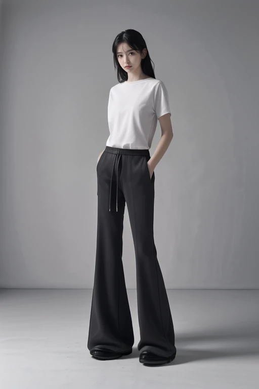 realism,best quality,masterpiece,realistic,highres,absurdres,realistic,masterpiece,Highly detailed,Professional,<lora:lcm-lora-sdv1-5:1>,Gray pants,bell bottoms,plush material,white T-shirt,simple background,<lora:kuzi_20240215162242-000007:1>,doc_martens,