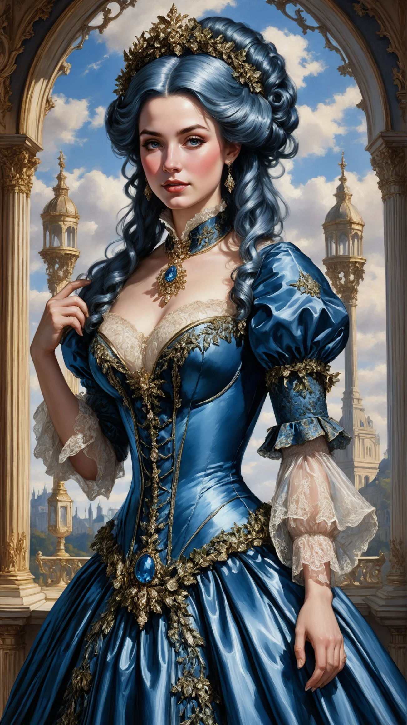 photograph, studio lighting, 1girl, woman, priestess, elf, bombshell hair, reflective dark color:aliceblue hair, Tapered Cut, thicc hourglass figure, small breasts, caucasian, victorian ballroom dress, blush, naughty smile, mouth closed, noon, blue sky, clouds, scenery, "at the Transparent armageddon Nexus"<lora:EnvyBetterHiresFixXL01:0@0,0@.49,1@.5:hr=1><lora:EnvyBallroomDressXL01:1>