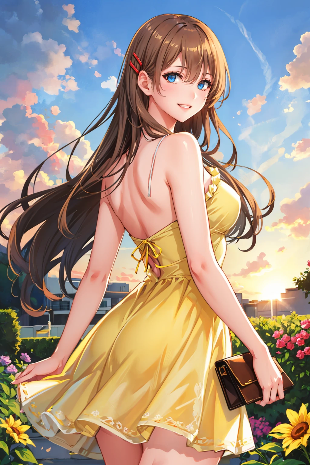 masterpiece, best quality, <lora:hiiragiasuka-nvwls-v1-000009:0.9> hiiragi asuka, hairpin, yellow sundress, from behind, looking at viewer, grin, sunset, garden <lora:edgChamYellowSundress:1> edgYSD,woman wearing a yellow sundress