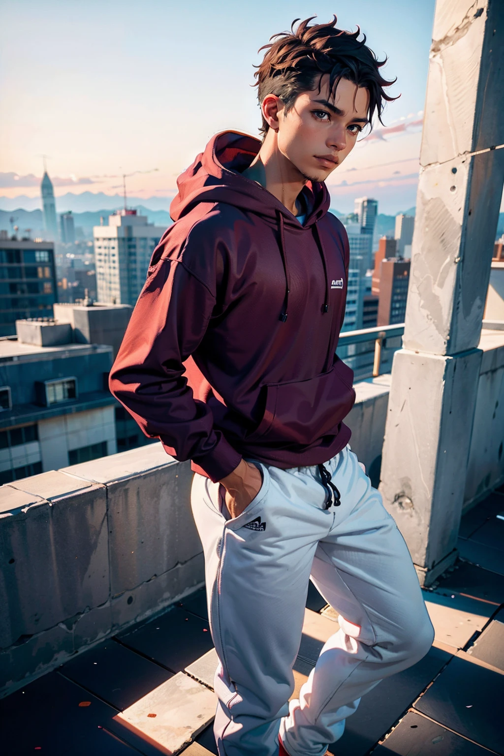 a man wearing Hoodie and joggers , rooftop <lora:fic-Lucian2:1>