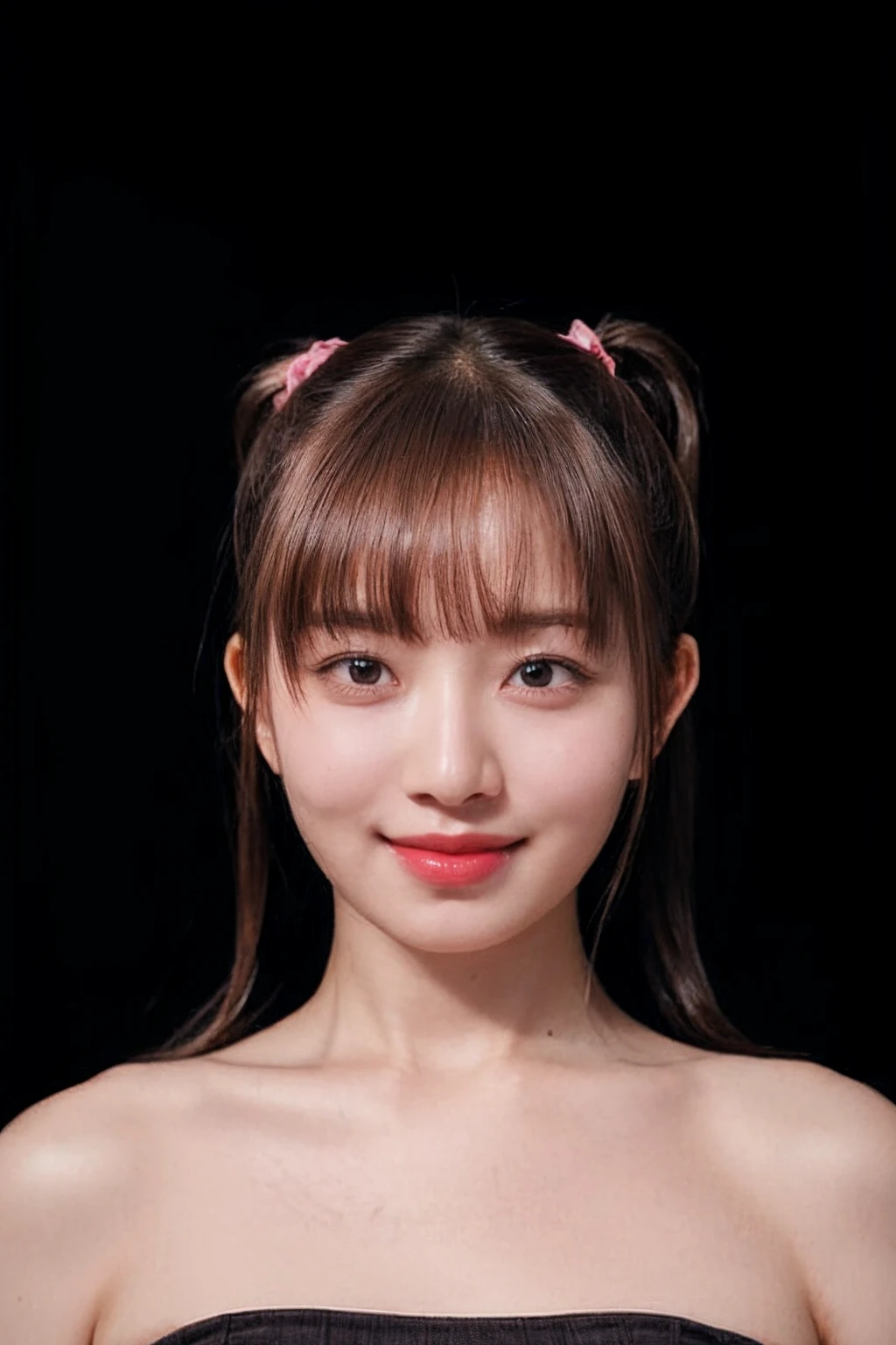 absurdres, (highly details skin textures), (extremely detailed eyes), (Strapless_tube_top:1.4), raw photo, 1girl, realistic, (looking at viewer), upper body, bare shoulders, bare neck, black eyes, natural fair skin color, big head, ((brown hair pigtail with full bangs)), pigtails:1.4, 8K, ((plain black background:1.4)), plain background:1.4, ((smile)), <lora:reilorashyv1_5:0.8>