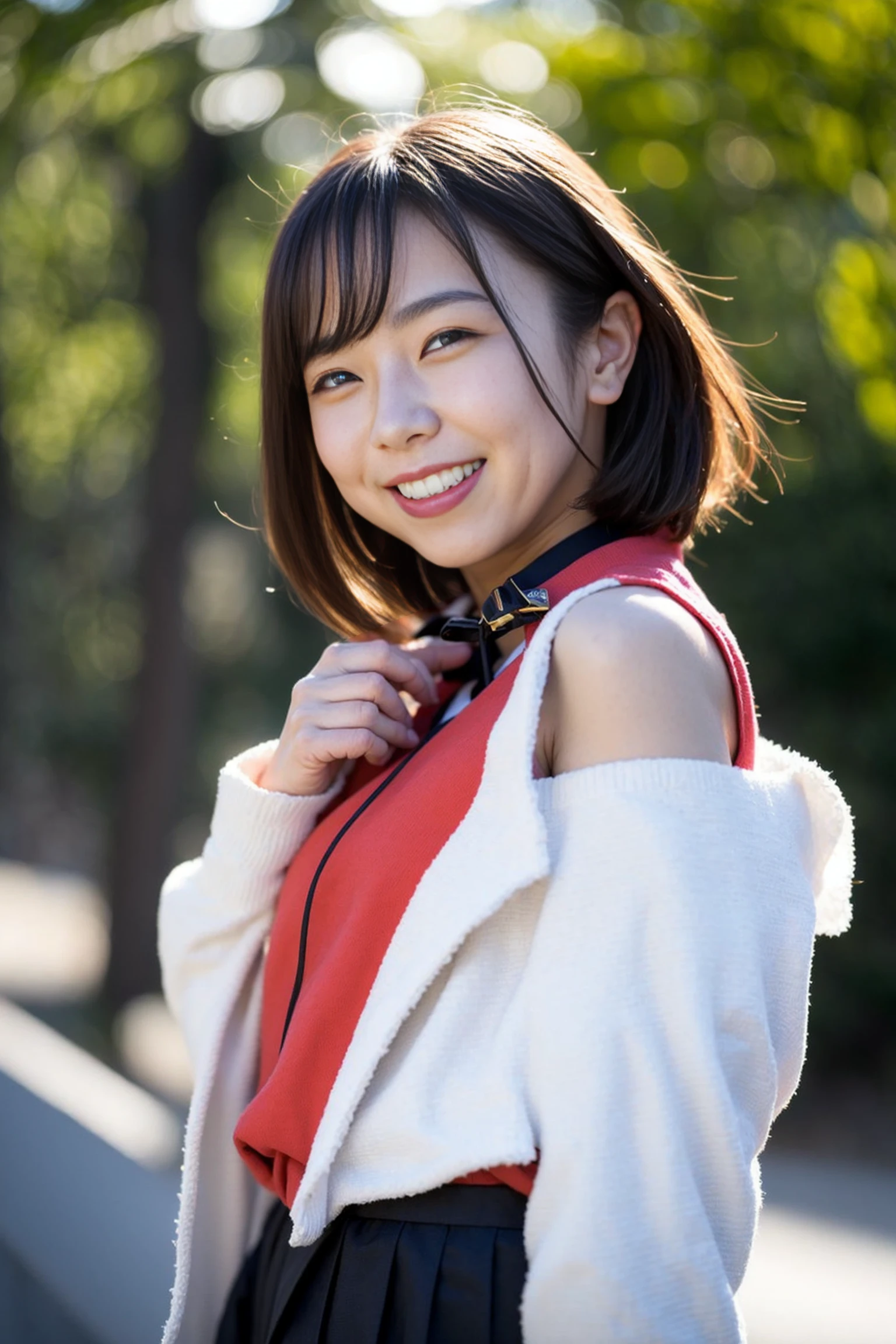 <lora:shirop_ff_v01:0.9>,
(8k, RAW photo, best quality, masterpiece:1.2), (realistic, photo-realistic:1.37), omertosa,1girl, blurry background,city, sunlight,professional lighting, photon mapping, radiosity, physically-based rendering, backlight bokeh, blurry background,smile, ((black choker)), red lips, student ,((lights shinning on the face))
head portrait
,
sunlight, ((outdoors)) ,((light shinning on the hair))
((short jacket,bare shoulders,school uniform)),
((bob haircut)), ((floating hair)), blue hair,straight hair, glowing hair,
135mm lens,,big breast,smile,grin,open mouth,parted lips