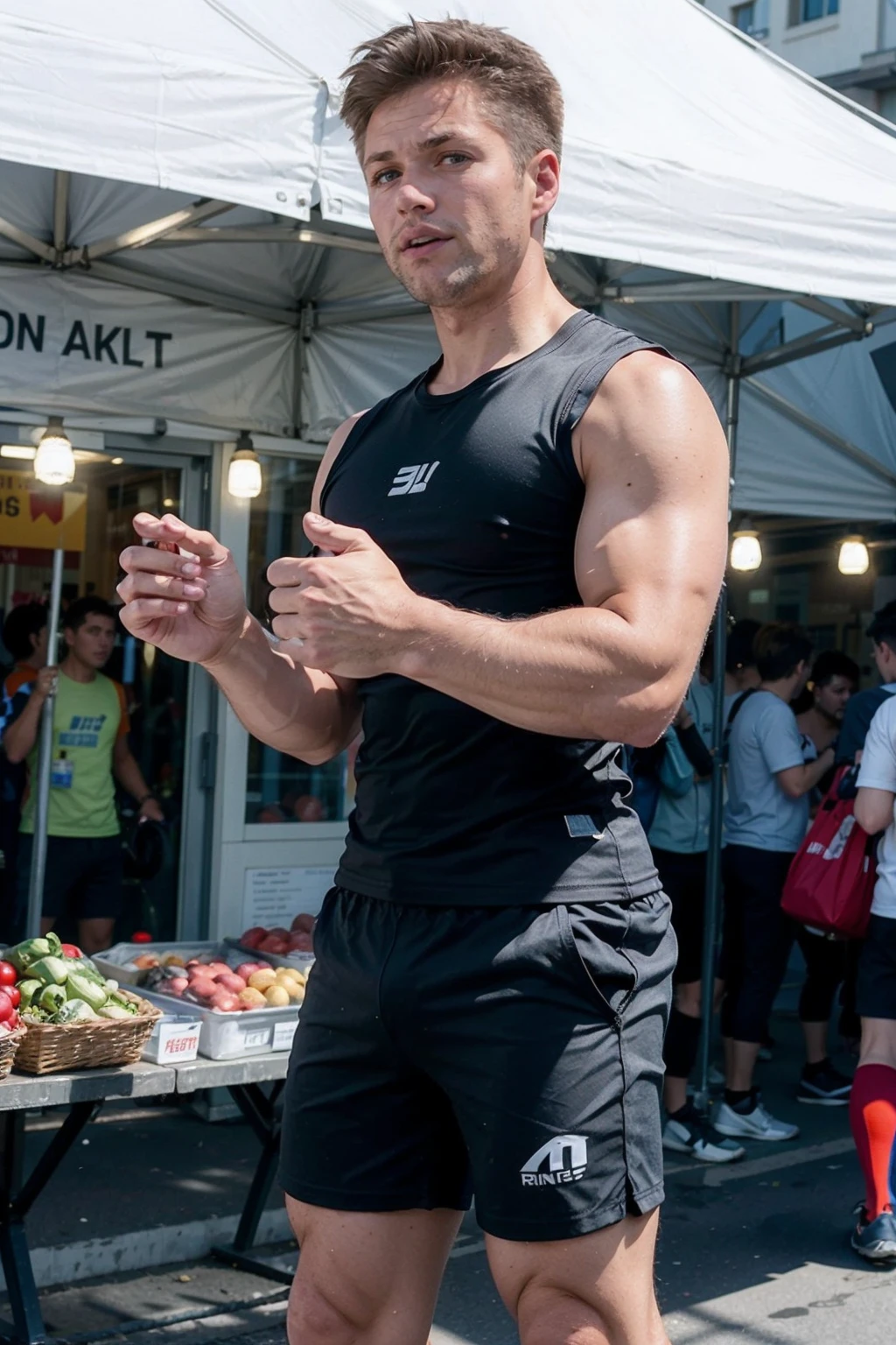 a man wearing Compression shirt and gym shorts , street market     <lora:fic-Ivon4:1>