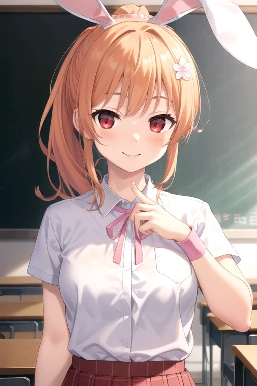 ((masterpiece)),(best quality),official art,extremely detailed CG,unity 8k wallpaper,ultra detailed,beautiful detailed eyes,extremely detailed face,classroom,1girl,solo,upper body,(portrait:1.5),looking at viewer,facing viewer,(aged down:1.3),(petite:1.2),smile,nanase chiharu,animal ears,rabbit ears,very long hair,orange hair,high ponytail,rabbit hair ornament,sidelocks,bangs,red eyes,collared shirt,white shirt,taut shirt,pink ribbon,short sleeves,large breasts,wristband,pleated skirt,plaid skirt,flower skirt,white socks,loafers,<lora:Nanase Chiharu(ip2):0.6>,