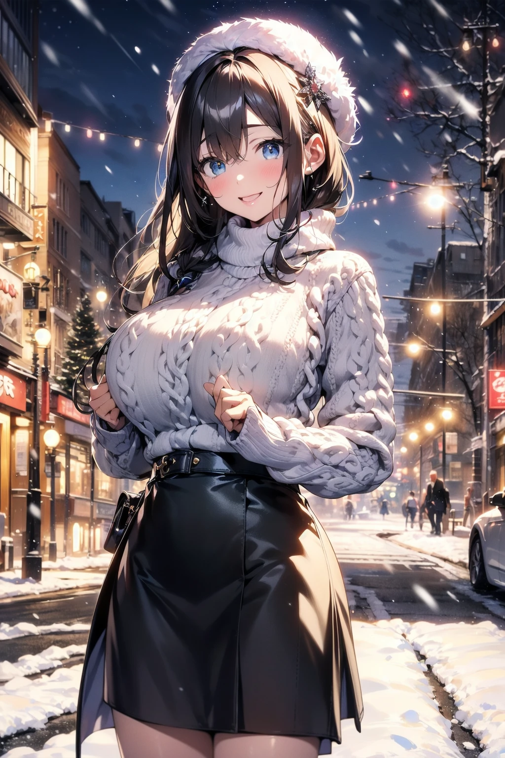 ((SFW)),masterpiece, (best quality, ultra-detailed:1.4), (ultra high res:1.5), (sharp focus), (insanely detailed:1.3), (perfect anatomy), super fine (cel animation),
cowboy shot, anime beautiful girl, solo, backlight, solo, kawaii shibuya fashion, huge breast, deep cute beret,(woolen sweater:1.4),happy smiling, woolen Scarf,long flare skirt,
(winter, snowing:1.2),(fantastic illumination), night view, stary sky, joyful dating,absurdity delicate background and landscape ah1