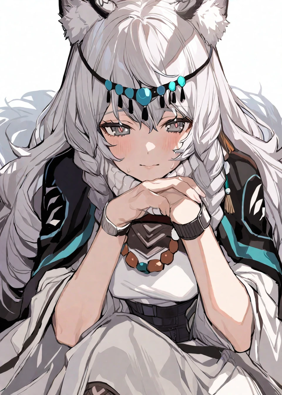 The image portrays a detailed illustration of a young girl with long,silver hair. She wears a headband with turquoise gemstones and has braided hair. The girl is adorned with a silver necklace and a fringe that complements her braid. Her eyes are a striking shade of grey. She is seen resting her chin on her hand,with a contemplative expression. The background is simple and white,emphasizing the character. The image also contains a watermark or username 'EOI' at the bottom left.,
<lora:pramanix:1>,, masterpiece, best quality,