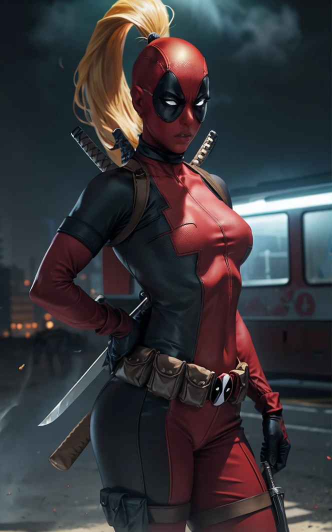 masterpiece, best quality, highres, contrapposto,
BodySuit_lady_deadpool_ownwaifu,
1girl, mask, blonde hair, ponytail, long hair, large breasts, no pupils, 
bodysuit, skin tight, superhero, belt pouch, utility belt, red bodysuit, gloves, weapon on back, thigh pouch, thigh strap, thigh holster, belt buckle, turtleneck, 
<lora:MARVEL_lady_deadpool_ownwaifu:1> ,
light particles, depth_of_field, scenery, night, aerial fireworks, solo, cowboy shot, looking at viewer,