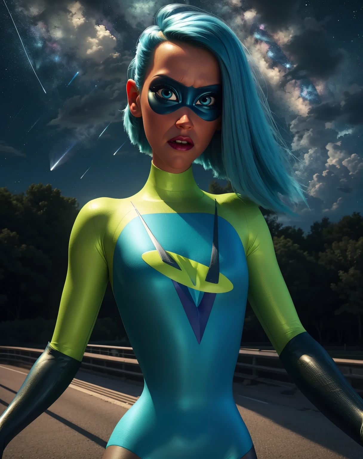 Voyd,blue hair,blue eyes,lips,
domino mask,bodysuit,
standing,upper body,
stars,night,
(insanely detailed, masterpiece, best quality),<lora:Voyd-12IYv12:0.8>,