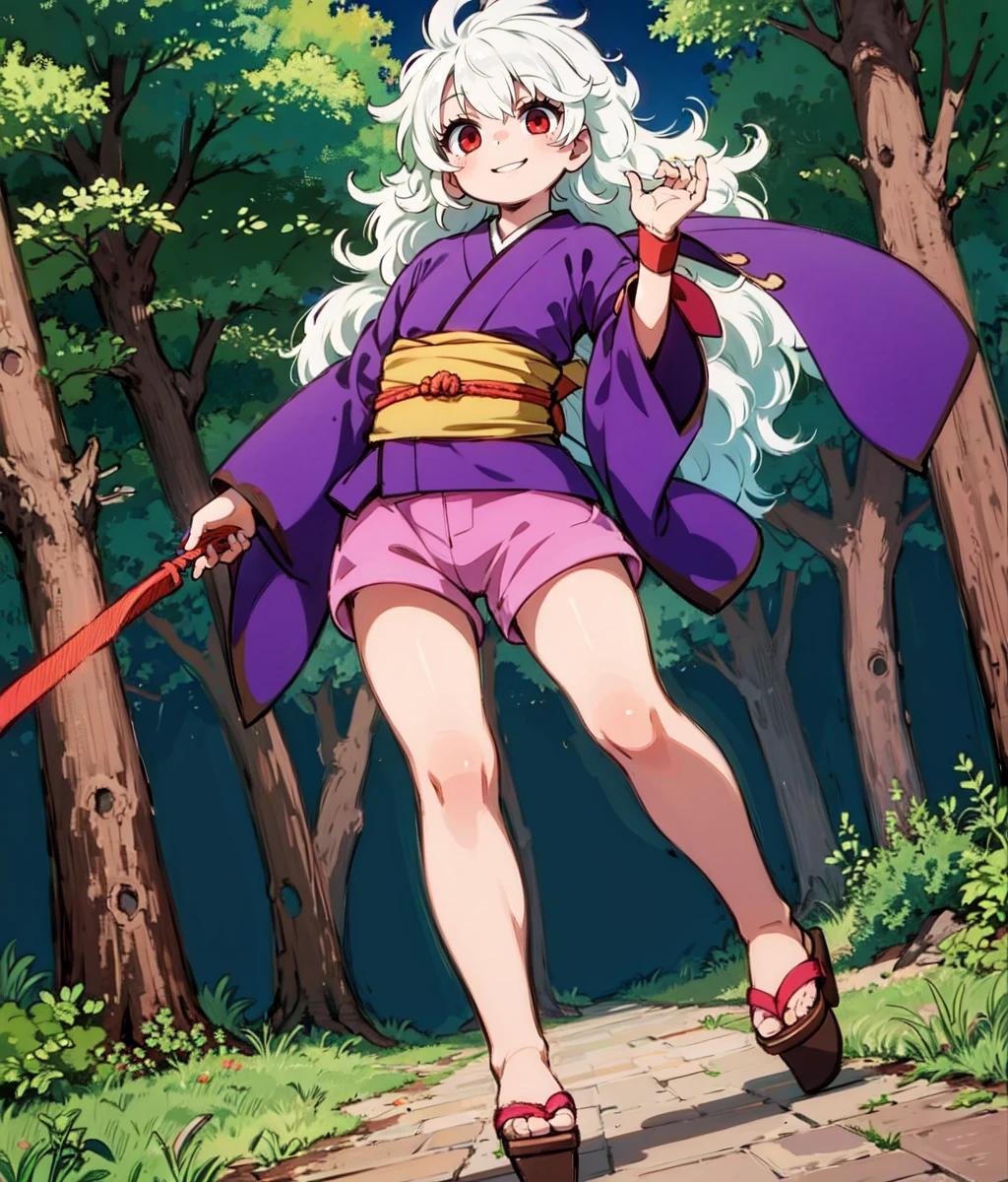 masterpiece, 1 girl, solo, white hair, long hair, messy hair, riboon, red eyes, purple outfit, pink shorts, japanese clothes, wristband, tabi, sandals, standing, outdoors, forest, smile <lora:Momoka Hininden Gauss:0.8>