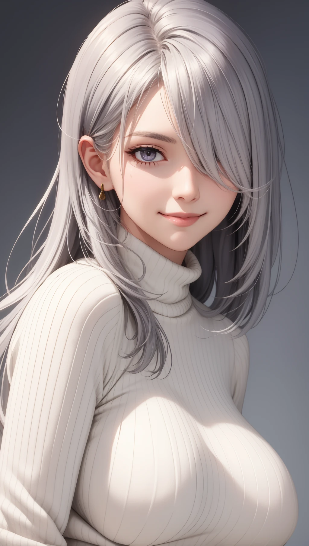 (masterpiece, best quality), mature female, silver hair, silver eyes, sharp jawline, sweater, long hair, hair over one eye,  upper body, large breasts, close up, smirk