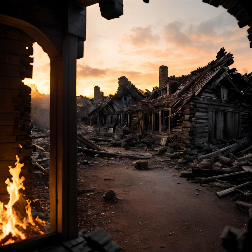(masterpiece:1.2), (best quality,:1.2), 8k, HDR, ultra detailed, ((photorealistic)), professional light, cinematic lighting, fashion photography, ambient lighting,<lora:detail_slider_v4:3>, ruins of a burned! down village!, wood houses, FanRu <lora:FantasyRuins-10:0.7>, epiCPhoto