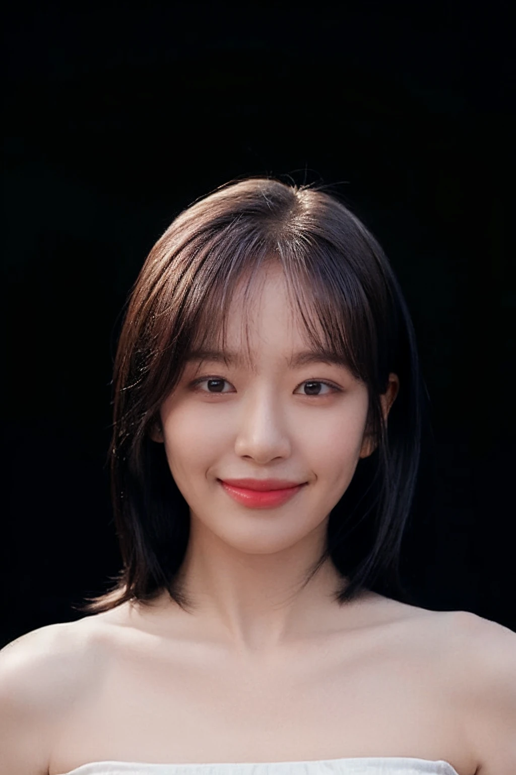 absurdres, (highly details skin textures), (extremely detailed eyes), (Strapless_tube_top:1.4), raw photo, 1girl, realistic, (looking at viewer), upper body, bare shoulders, bare neck, black eyes, natural fair skin color, big head, ((wolfcut hair with bangs)), 8K, ((close-up)), ((plain black background:1.4)), plain background:1.4, ((smile)), <lora:yujinlorashyv1_5:1>