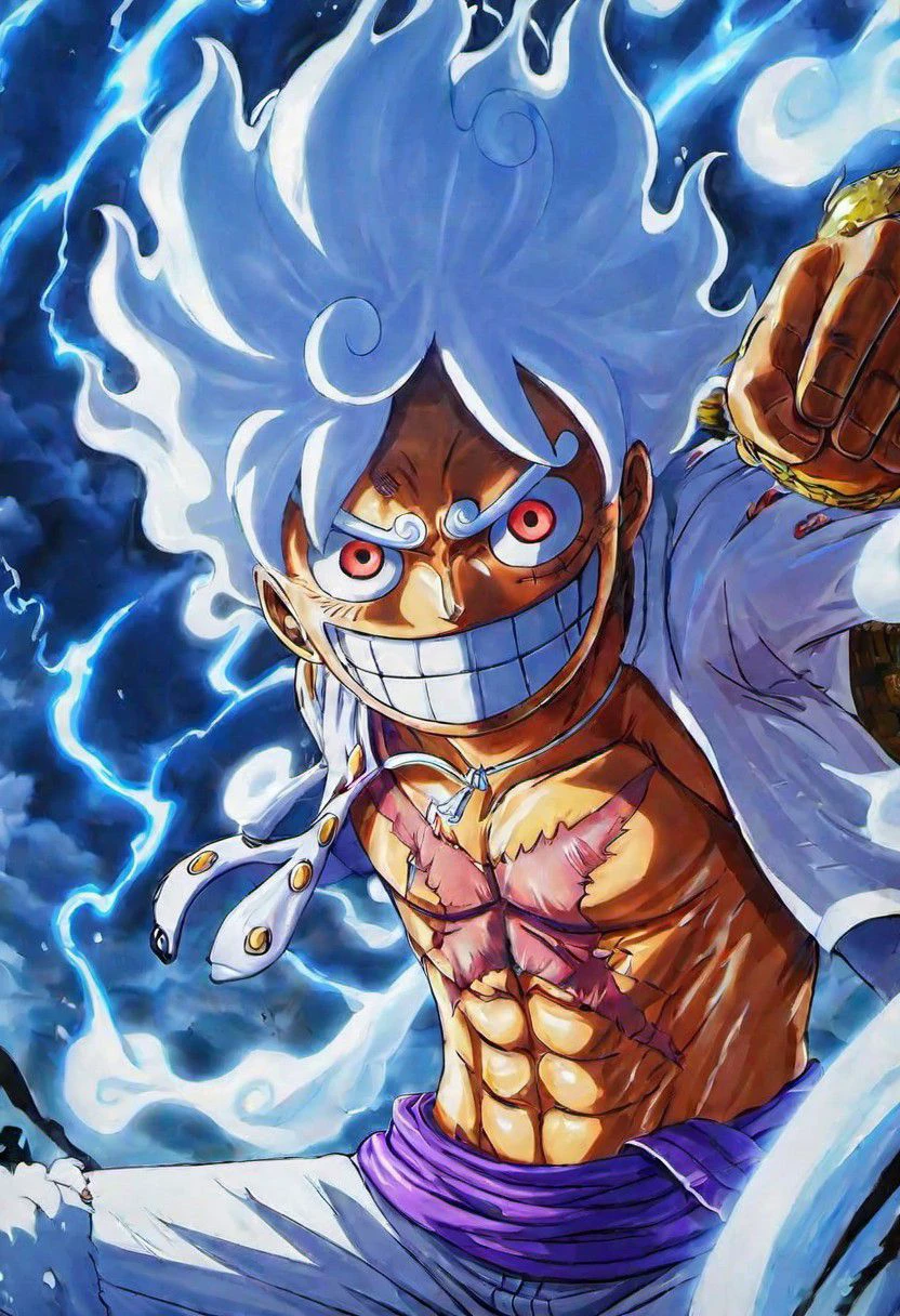 2D a 1Luffy gear 5  in  Wano, (best quality, masterpiece, detailed, highly detailed face) ,(high definition face:1.0),(detailed eyes:1.0) 8k,(Smilex5), (solo), amazing perspective, profesional composition ,