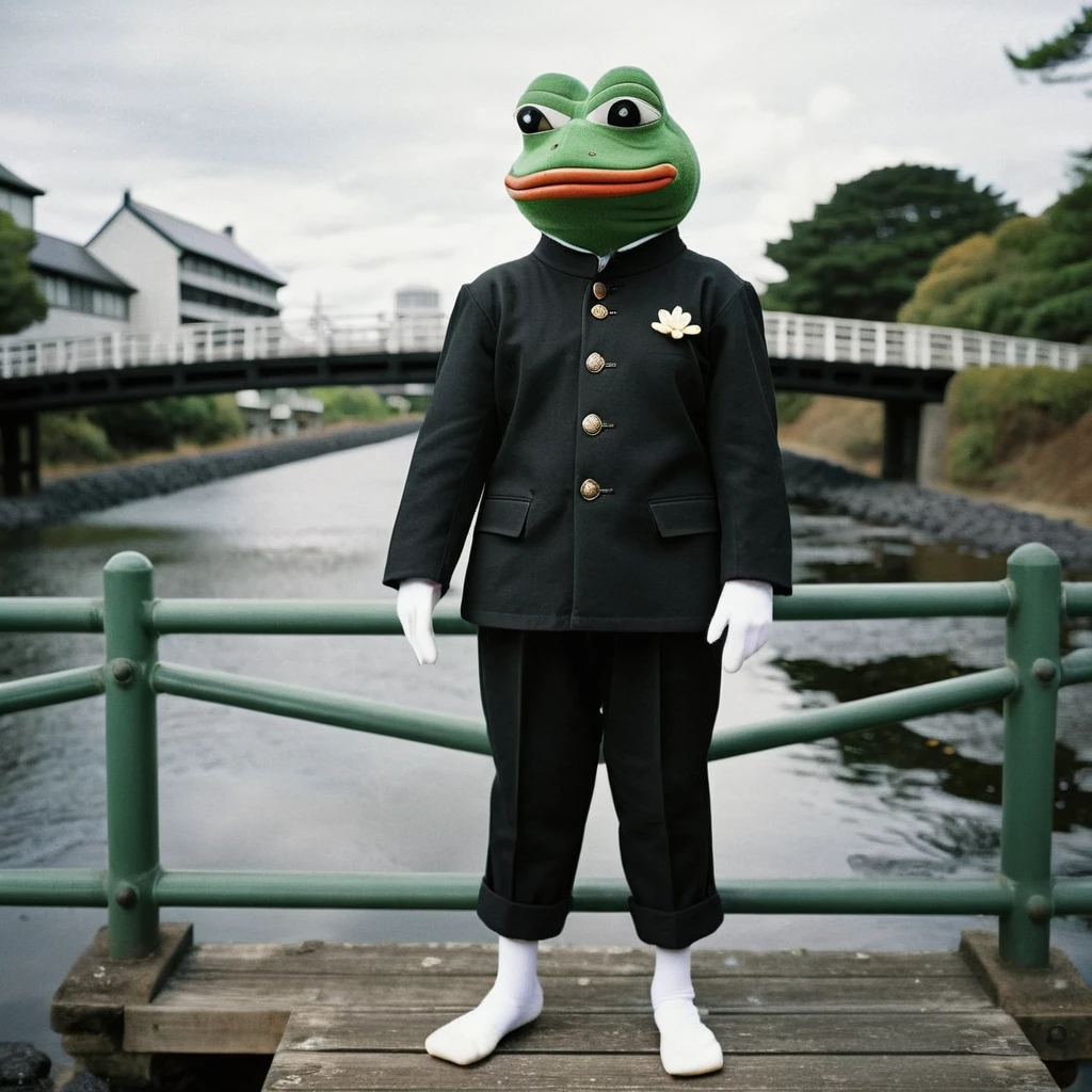 Create a portrait in a realistic style, depicting a frog humanoid standing on a bridge, clad in a traditional Japanese junior high school uniform from the early years. The attire includes a classic Gakuran jacket with its distinctive stand-up collar and five metal buttons, complemented by straight-legged trousers, all in jet-black. The character also wears black gloves and a cape that billows softly in the breeze. The unique juxtaposition of the frog's amphibious features with human clothing against the backdrop of a bridge adds a whimsical yet captivating allure to the scene,<lora:gakuran:0.8> , <lora:pepe-v2:0.8> pepe