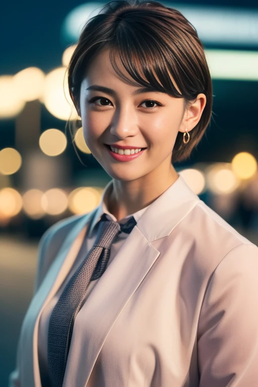 1girl,(RAW photo, best quality), (realistic, photo-realistic:1.4), masterpiece, an extremely delicate and beautiful, extremely detailed, 2k wallpaper, Amazing, finely detail, extremely detailed CG unity 8k wallpaper, ultra-detailed, highres, soft light, beautiful detailed girl, extremely detailed eyes and face, beautiful detailed nose, beautiful detailed eyes,cinematic lighting,perfect anatomy,slender body,smiling
city lights at night,at a train station in tokyo,(bokeh)
wearing business suit,scarf around neck
<lora:miyajimanami_lora:0.7>,short hair