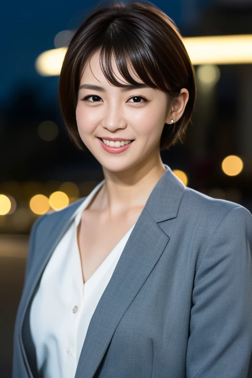 1girl,(RAW photo, best quality), (realistic, photo-realistic:1.4), masterpiece, an extremely delicate and beautiful, extremely detailed, 2k wallpaper, Amazing, finely detail, extremely detailed CG unity 8k wallpaper, ultra-detailed, highres, soft light, beautiful detailed girl, extremely detailed eyes and face, beautiful detailed nose, beautiful detailed eyes,cinematic lighting,perfect anatomy,slender body,smiling 
city lights at night,at a train station in tokyo,(bokeh)
wearing business suit,scarf around neck
 <lora:miyajimanami_lora:0.7>,short hair