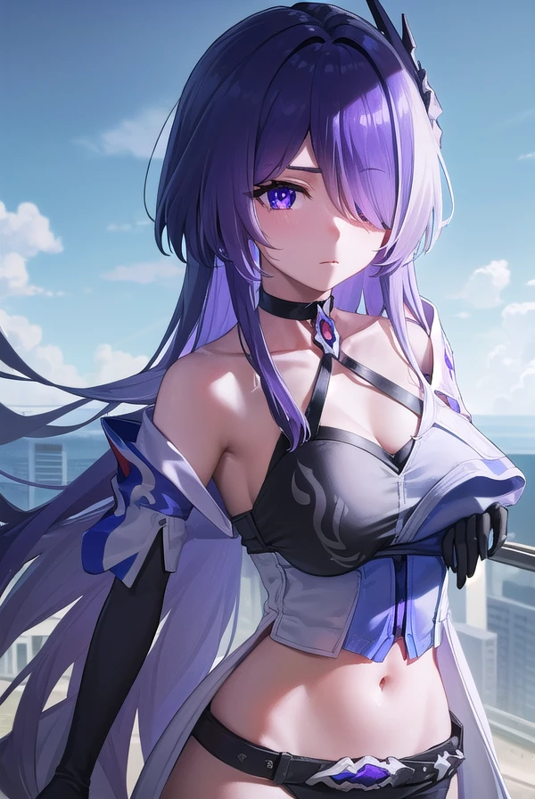 honkaiacheron, <lora:honkai acheron-lora-nochekaiser:1>,
acheron, (hair over one eye:1.5), long hair, (purple eyes:1.1), purple hair, very long hair,
BREAK belt, black belt, black choker, black gloves, black shorts, choker, coat, criss-cross halter, crop top, elbow gloves, gloves, halterneck, midriff, navel, short shorts, shorts, white coat,
BREAK outdoors, city, sky, sun, clouds,
BREAK looking at viewer, (cowboy shot:1.5),
BREAK <lyco:GoodHands-beta2:1>, (masterpiece:1.2), best quality, high resolution, unity 8k wallpaper, (illustration:0.8), (beautiful detailed eyes:1.6), extremely detailed face, perfect lighting, extremely detailed CG, (perfect hands, perfect anatomy),