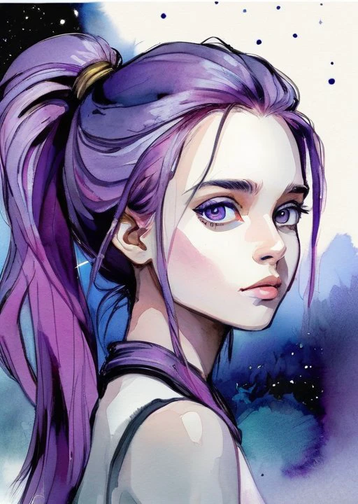 (masterpiece), 8k, very wide shot, volumetrics dtx, portrait, into a magical stars, beautiful eyes, (dreadlocks:0.5) in a ponytail, (Violet head:1), watercolor sketch in artistic style, large strokes, finalized with ink, fine lines