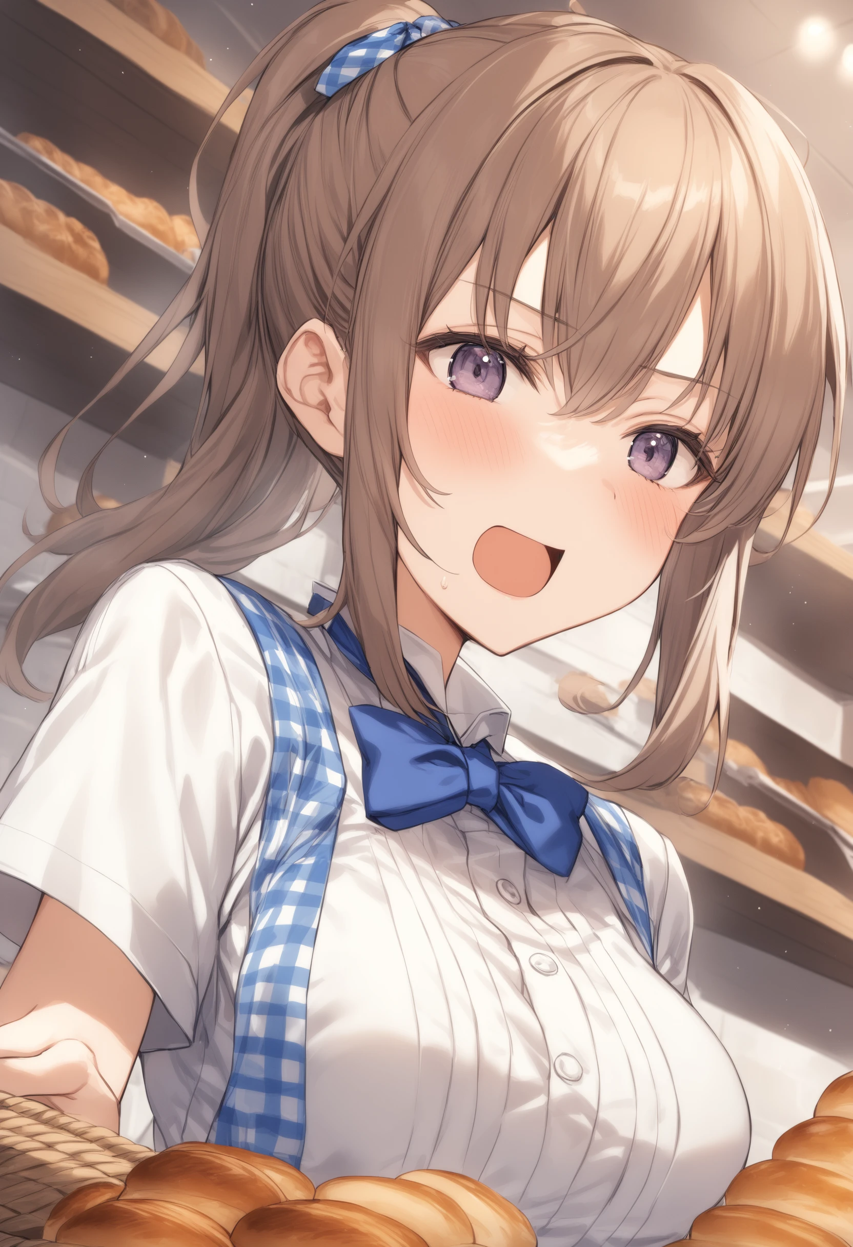 1girl, <lora:sdxl2-flat2-512b:-1>,medium breasts,
<lora:kobeyaXLv1:0.8>,kobeya uniform,blue skirt, blue neckwear, gingham apron, Bakery,
ceiling, portrait, looking ahead, envy, open mouth,
best quality,medium quality,