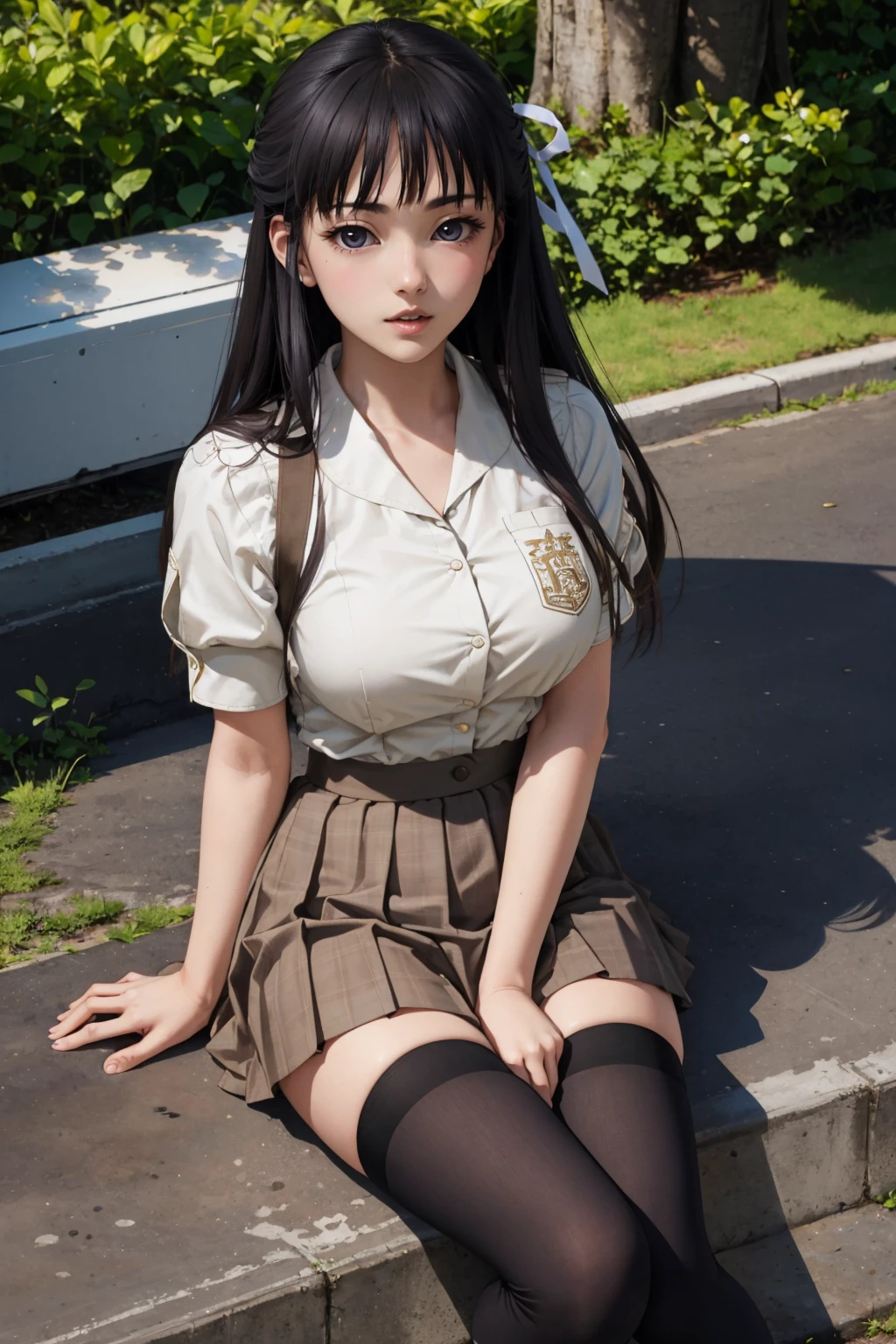 masterpiece, best quality, <lora:migiwakazuha-nvwls-v1-000009:0.9> migiwa kazuha, hair ribbon, white shirt, short sleeves, pleated skirt, black thighhighs, large breasts, sitting, on ground, tree, looking at viewer, from above, :o