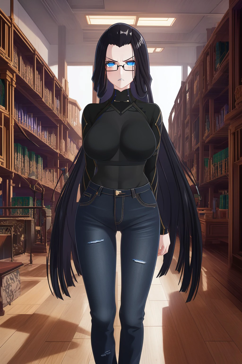 <lora:nan_yin:0.8> masterpiece, best quality, absurdres, high quality, best quality, ultra high res, 1girl, solo, nan yin \(tower of fantasy\), black hair, blue eyes, v-shaped eyes, (absurdly long hair:1.2), long hair, large breasts, semi-rimless eyewear, black framed eyewear, black sweater, jeans pants, indoors, library, angry,