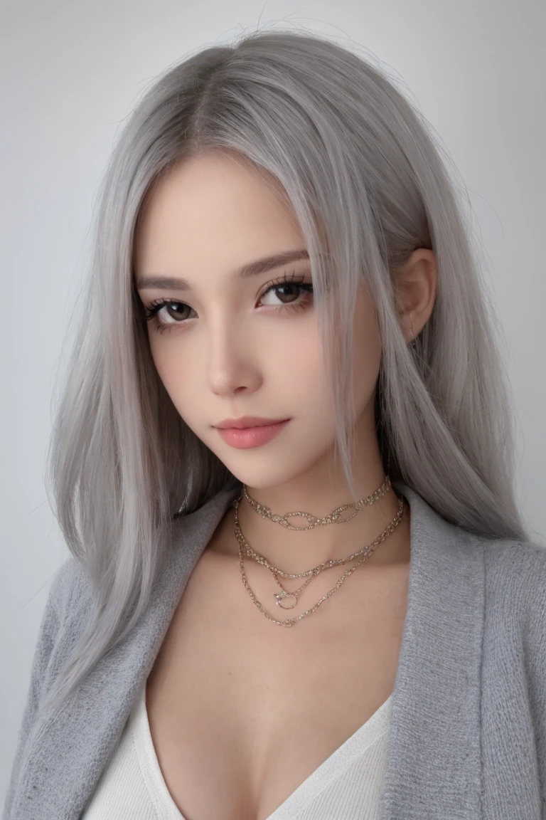 4k, 8k, ultra highres, raw photo in hdr, sharp focus, intricate texture, skin imperfections, realistic, detailed facial features, highly detailed face, posing, standing,perfect lighting,petite,detailed background, <lora:Ari_v1.1:0.7> Ari_1, chain necklace,(silver hair)