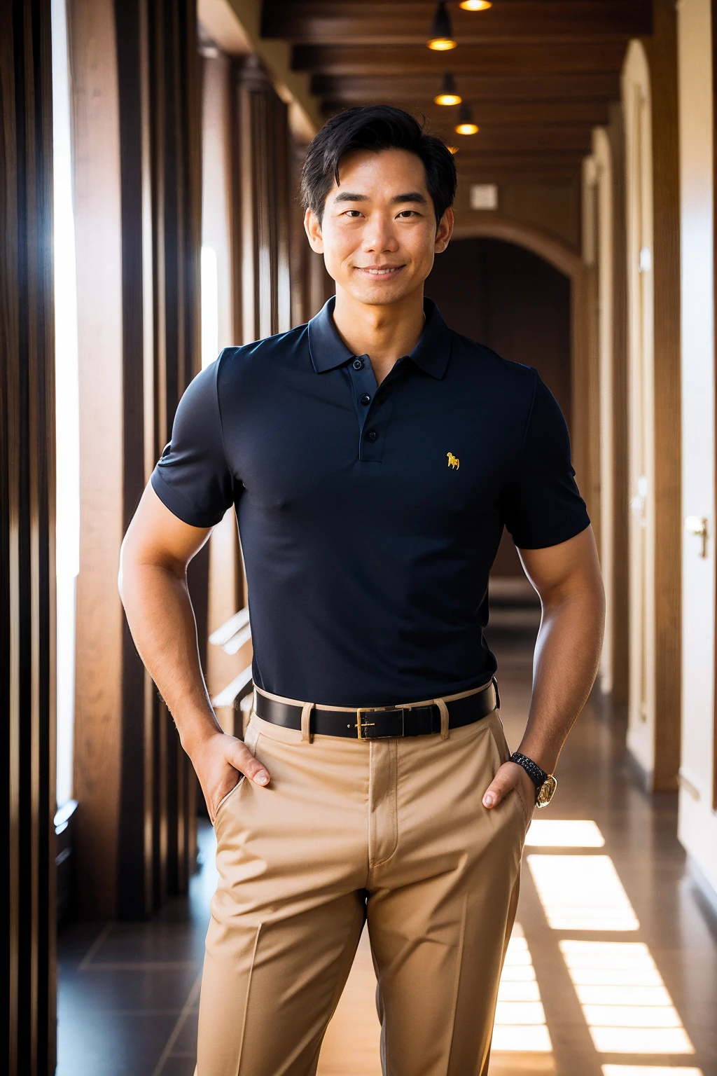 a man wearing Polo shirt and khaki pants , boutique hotel lobby <lora:fic-Fufu2:1>