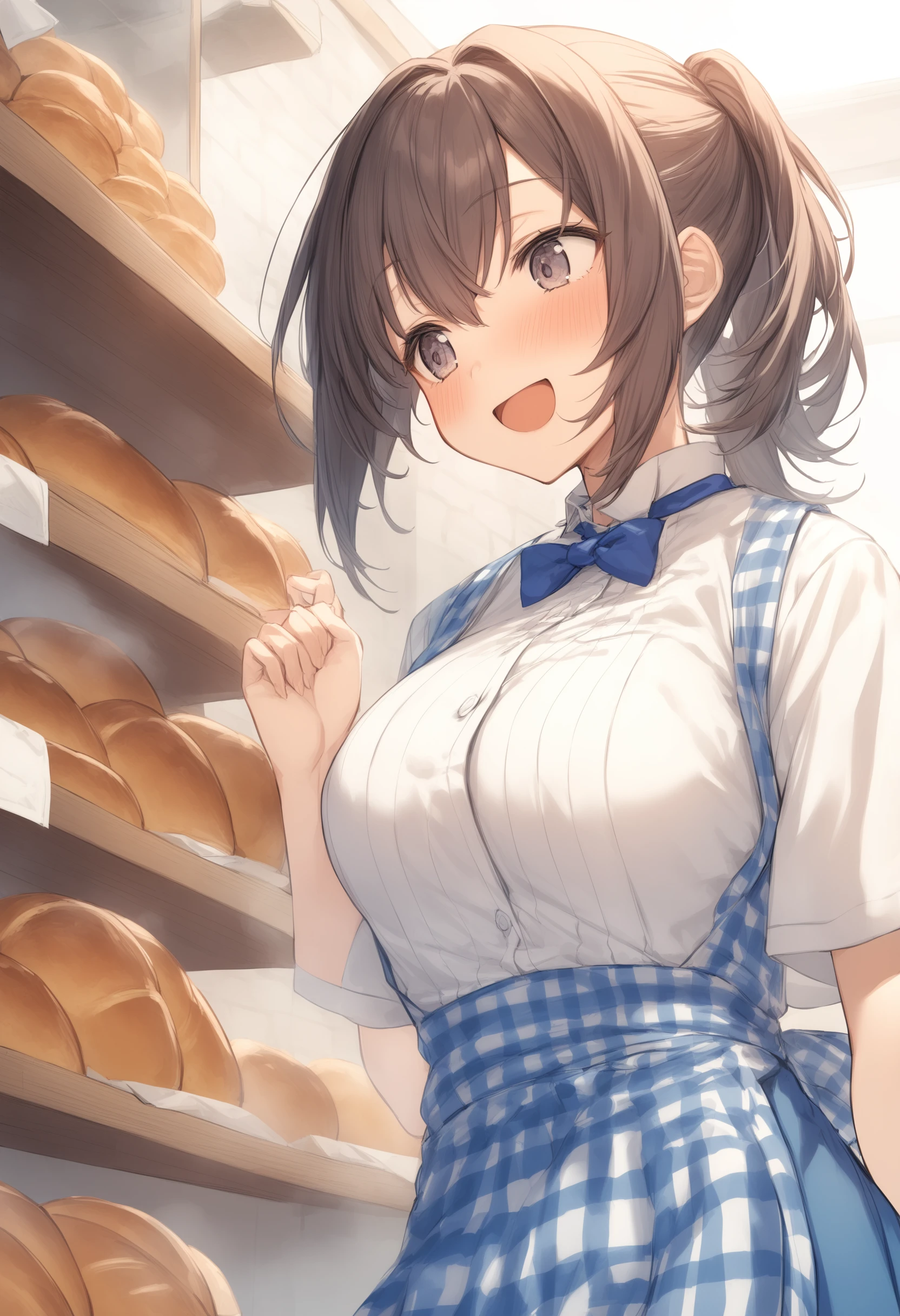 1girl, <lora:sdxl2-flat2-512b:-1>,medium breasts,
<lora:kobeyaXLv1:0.8>,kobeya uniform,blue skirt, blue neckwear, gingham apron, Bakery,
dutch angle, upper body, looking away, sad smile, open mouth,
best quality,medium quality,