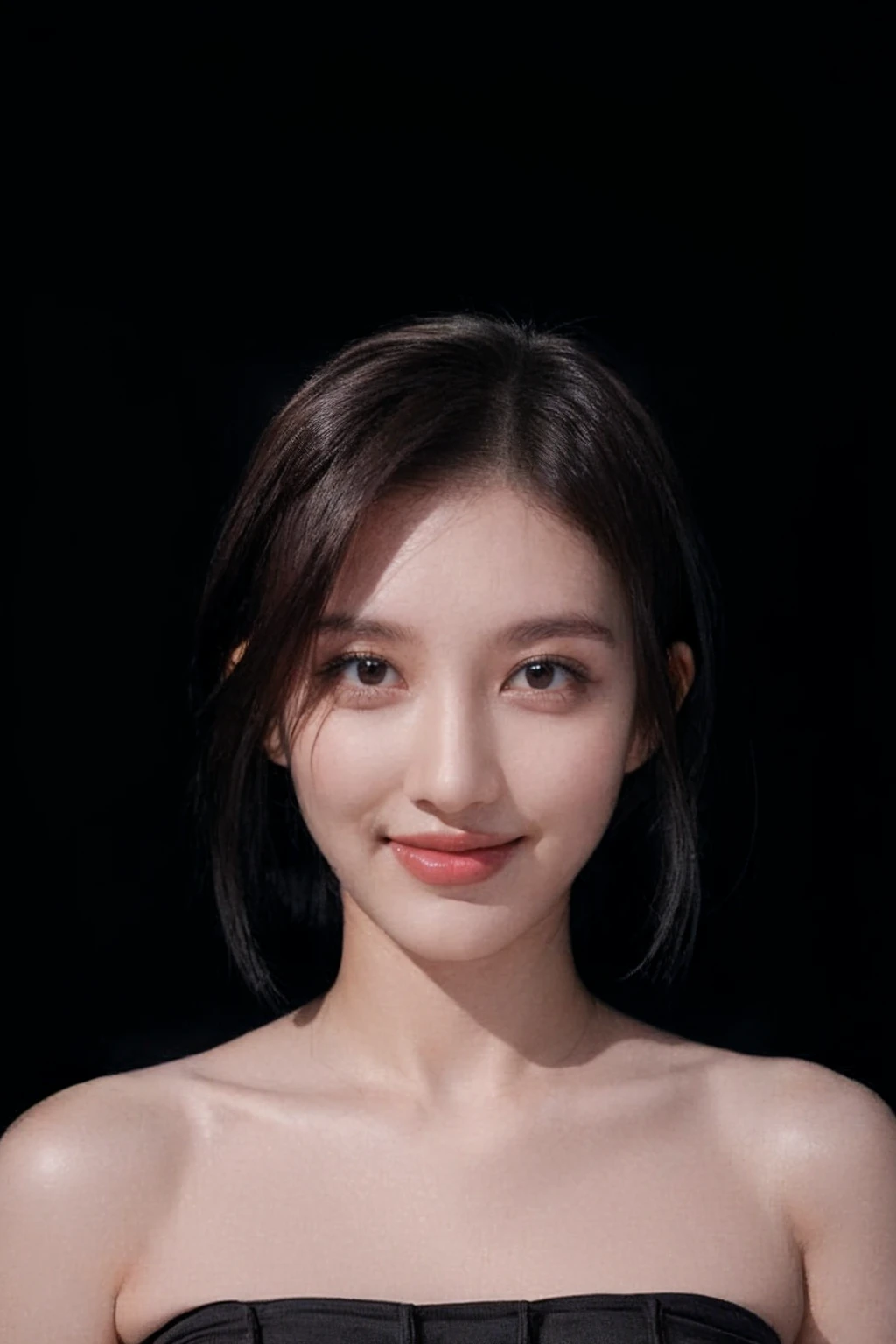 absurdres, (highly details skin textures), (extremely detailed eyes), (Strapless_tube_top:1.4), raw photo, 1girl, realistic, (looking at viewer), upper body, bare shoulders, bare neck, black eyes, natural fair skin color, big head, ((short hair)), 8K, ((close-up)), ((plain black background:1.4)), plain background:1.4, ((smile)), <lora:gaeullorashyv1_5:1>