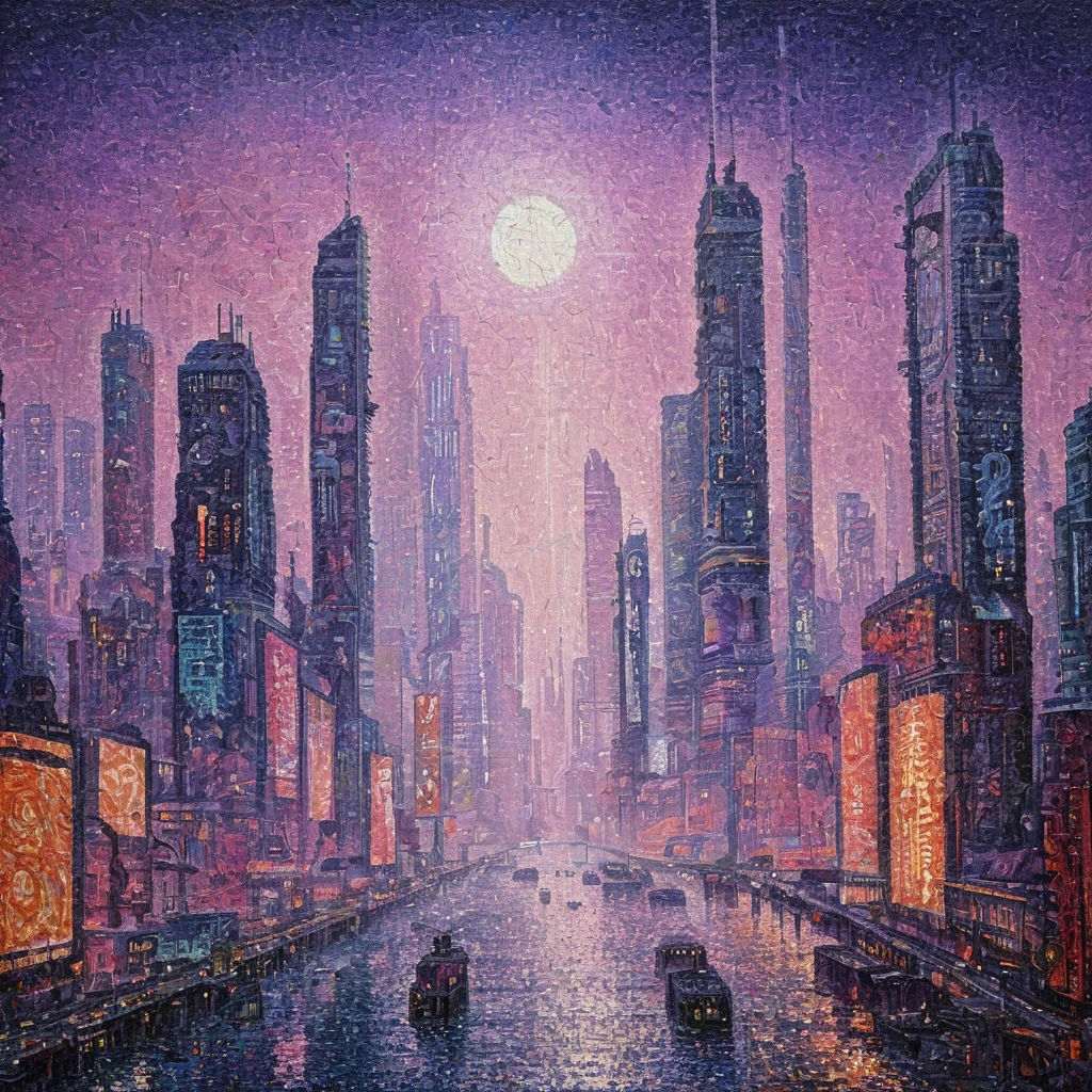 Painting of cyberpunk blade runner city AH_Signac<lora:Paul_Signac_Neo-Impressionist_dotted_paintings_Pointillism:1>