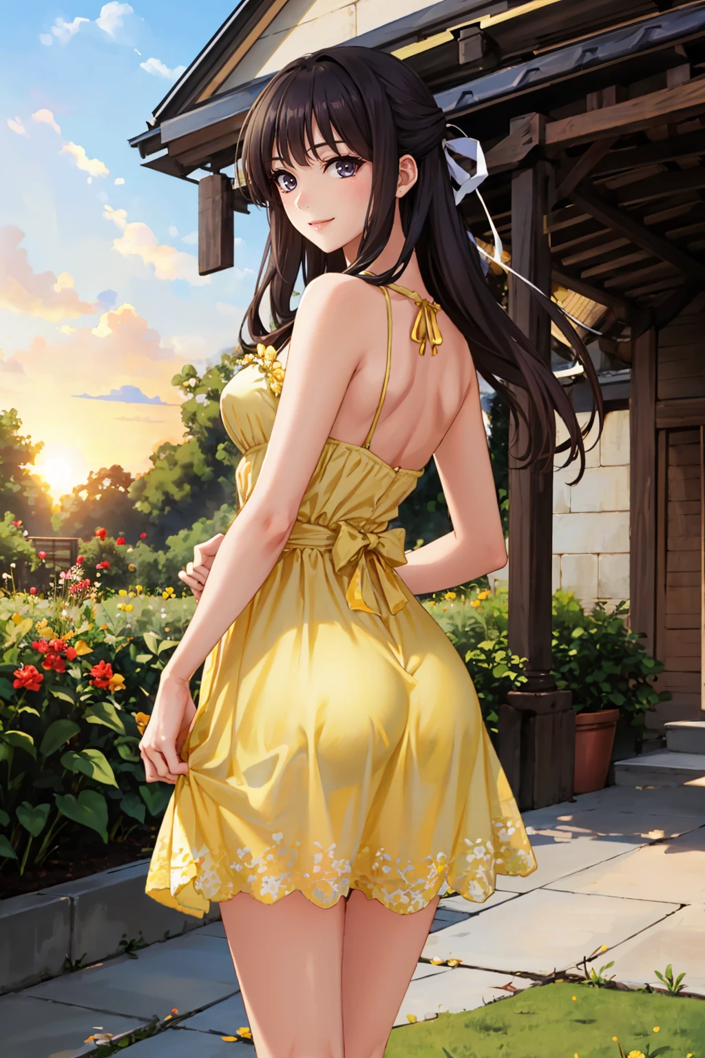 masterpiece, best quality, <lora:migiwakazuha-nvwls-v1-000009:0.9> migiwa kazuha, hair ribbon, yellow sundress, from behind, smile, sunset, garden <lora:edgChamYellowSundress:1> edgYSD,woman wearing a yellow sundress